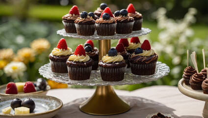 Wall Mural - Assorted mini chocolate cakes with different toppings, displayed on a tiered dessert stand at a garden party.