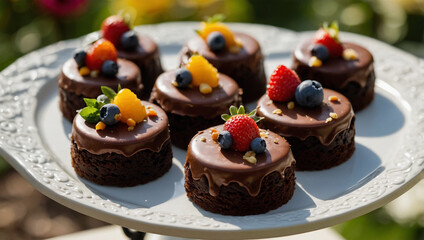 Assorted mini chocolate cakes with different toppings, displayed on a tiered dessert stand at a garden party.