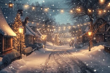 Poster - A snowy street with stringed lights, great for winter scenes or festive occasions