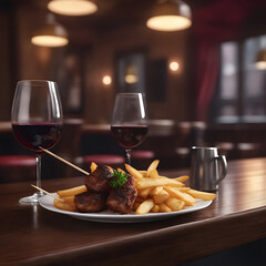 Plato con pinchos morunos y patatas fritas junto a dos copas de vino tinto sobre una mesa en un bar restaurante