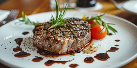 Grilled beef steak served on a light-colored plate