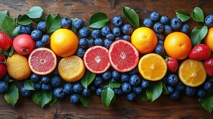 Wall Mural - Artistically displayed on a rustic wooden surface, a vibrant arrangement of fresh fruit.