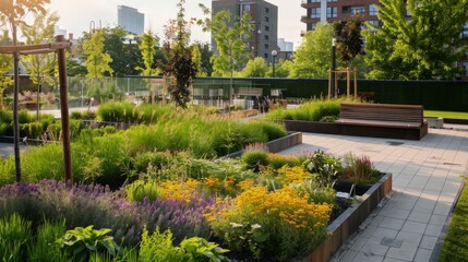 Canvas Print - Strategies for sustainable landscaping and green spaces around construction site buildings.