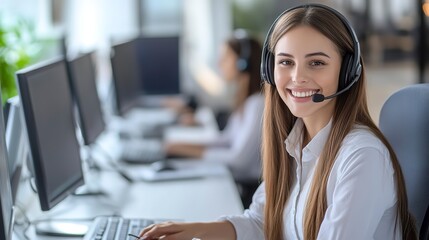 Poster - Happy smiling young woman call center agent wearing headset and white shirt in the office, customer service and support concept. 