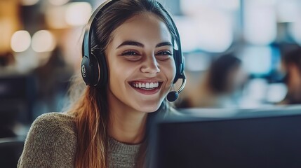 Canvas Print - Cheerful young woman wearing a headset and working at a computer, in a customer service or call center environment. 