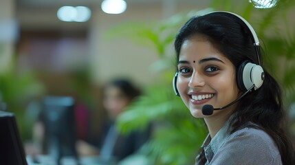 Canvas Print - A photo of indian female customer service operator with headset and smiling, with collegues at background.