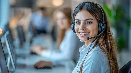 Poster - Smiling female customer service representative wearing a headset working in a modern call center with colleagues in the background.