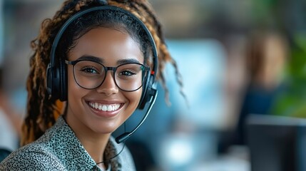 Wall Mural - Friendly customer service representative with headset smiling at screen, tech support concept 