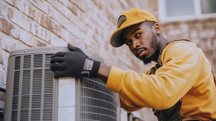 Poster - Technician servicing outdoor AC unit 