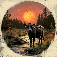 Wall Mural - Black Cow Standing by a River at Sunset with a Full Moon in the Sky