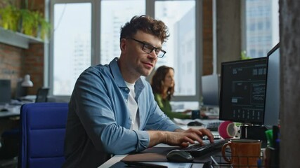 Poster - Smiling programmer coding keyboard drawing graphic tablet at office closeup