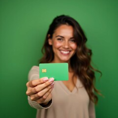 Wall Mural - Smiling woman holding card on a green background