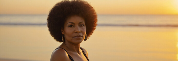 Wall Mural - Portrait of a middle-aged woman on the beach shore background