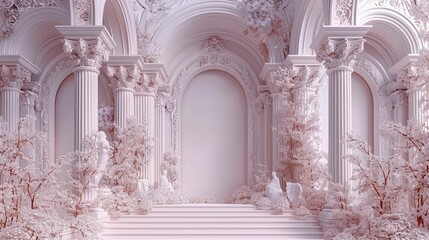 White Columns, Arches, and Steps Decorated with Crystal-Like Flowers