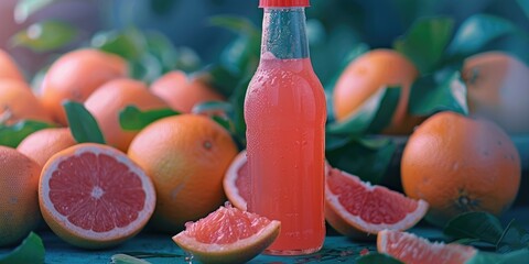 Wall Mural - Fresh grapefruit lemonade in a bottle with real grapefruits