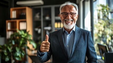 Poster - Senior customer service rep with thumbs up in office with motivational decor and natural light 