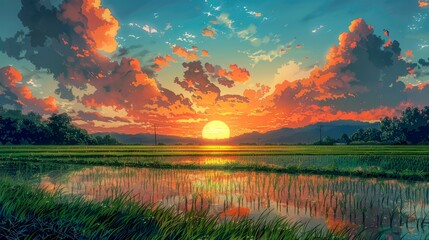 Sunset Over a Field of Green Grass and a Calm River