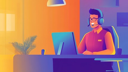 Poster - A customer support representative with a headset sitting at a call center desk