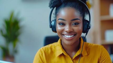 Poster - African woman, call center agent or smile with voip for consulting, listening or contact us in office, Female consultant, customer service or tech support crm with headphones, microphone or help desk