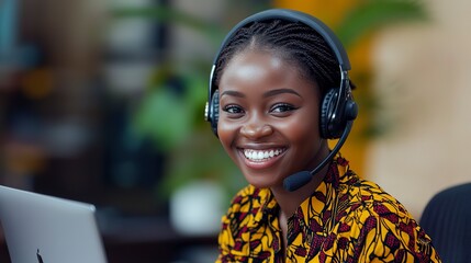 Canvas Print - African woman, call center agent or smile with voip for consulting, listening or contact us in office, Female consultant, customer service or tech support crm with headphones, microphone or help desk