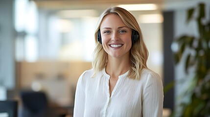 Wall Mural - professional portrait of smiling blonde woman in white blouse wearing headset bright modern office setting conveying customer service and workplace positivity 