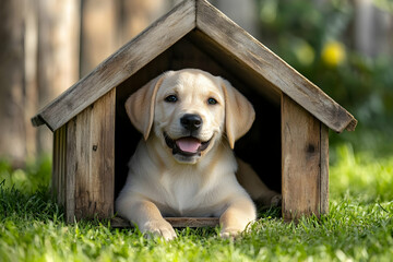 A cheerful puppy resting in a wooden doghouse, surrounded by fresh grass and a blurred garden background, exuding warmth and joy.