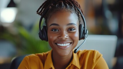 Canvas Print - Black woman, customer support service with a smile and employee at online call center or virtual telemarketing business.