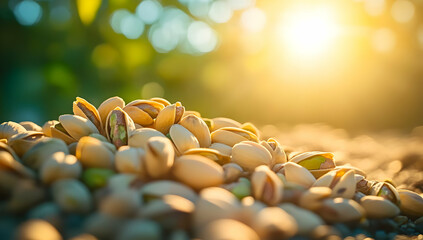 A close-up view of a pile of pistachios basking in golden sunlight, showcasing their vibrant colors and textures in a natural setting.