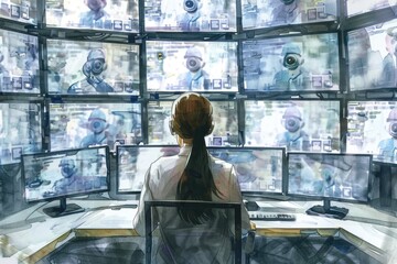 Aufkleber - A person typing away on a desktop with multiple screens