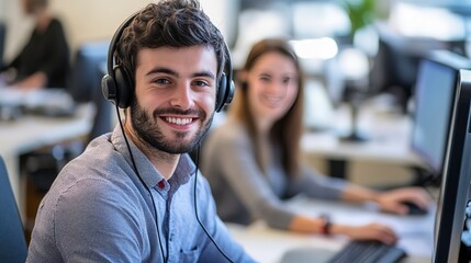 Poster - Young enthusiastic customer service worker with headset at his desk in a shared office, smiling at camera, his female colleague in the background.