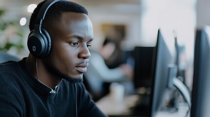 Sticker - selective focus of african american man in headphones using computer in call center