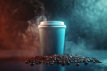 Poster - A cup of freshly brewed coffee sits beside a pile of whole coffee beans, perfect for a morning pick-me-up or a cozy afternoon treat