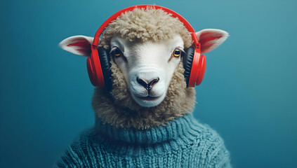 A fun and quirky sheep wearing red headphones, showcasing a unique blend of nature and modern lifestyle in a vibrant setting.