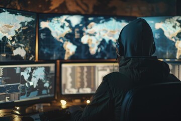 Poster - A person sits in front of multiple computer screens, working efficiently