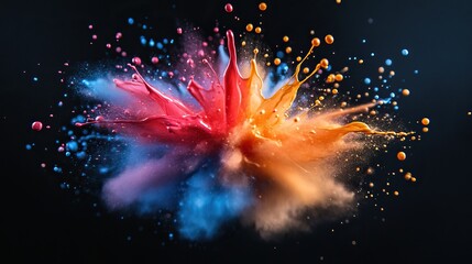 Wall Mural - paint splashes form a flower-like shape in a vivid fluid flow against a black background.