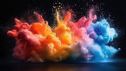 Wall Mural - paint splashes form a flower-like shape in a vivid fluid flow against a black background.