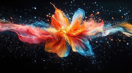 Wall Mural - paint splashes form a flower-like shape in a vivid fluid flow against a black background.