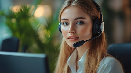 Canvas Print - Attractive female customer service agent with headset working in call center