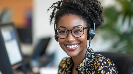 Canvas Print - Smiling black telephone advisor --ar 16:9 --v 6.1 Job ID: 7a2fcb8c-7853-40c0-bd06-649b130d6d09