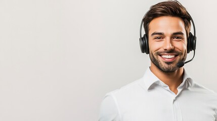 Wall Mural - Confident corporate representative wearing a headset against a crisp white background, exuding professionalism and approachability for effective customer service and support interactions.