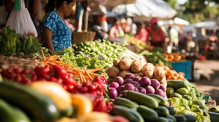 Canvas Print - A vibrant market with stalls selling fresh produce, style