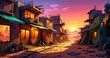 © Shane Sparrow - cyberpunk town city wasteland in the desert at sunset. futuristic dystopian sci fi buildings in oasis sahara ghetto slum outpost with sandy road canyon rocks in horizon.