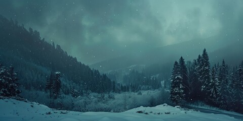 Canvas Print - Snowstorm and Blizzard over Mountain Range with Forest in Night Winter Scenery with Cold Weather and Storm