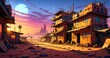 © Shane Sparrow - cyberpunk town city wasteland in the desert at sunset. futuristic dystopian sci fi buildings in oasis sahara ghetto slum outpost with sandy road canyon rocks in horizon.