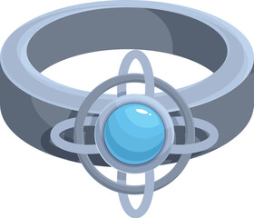 Poster - Silver ring featuring a unique design with rotating spheres and a blue gemstone in the center