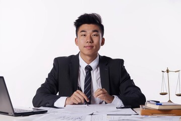 Poster - Businessman sitting at desk with laptop, great for corporate or office settings