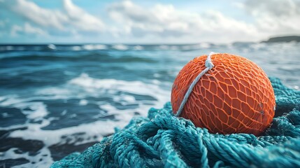 Orange Buoy in Blue Fishing Net on Coast
