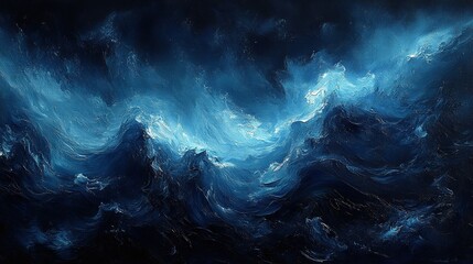 Wall Mural - Swirling blue and black colors feature in an abstract painting.