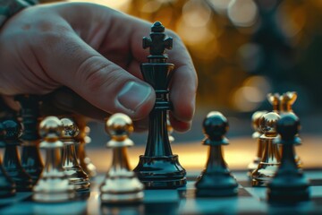 Poster - A person focused on playing a game of chess on a wooden chess board, with pieces in motion