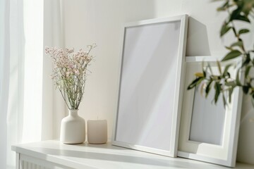 Sticker - A decorative frame sits atop a table beside a vase filled with fresh flowers